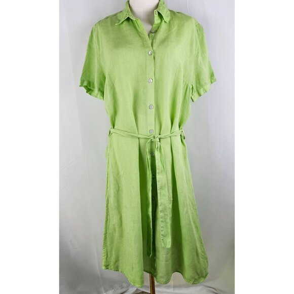 120% Lino Shirt Dress Lime Green Midi Linen Size XL or Italy 48 Belted Boho - Picture 2 of 15